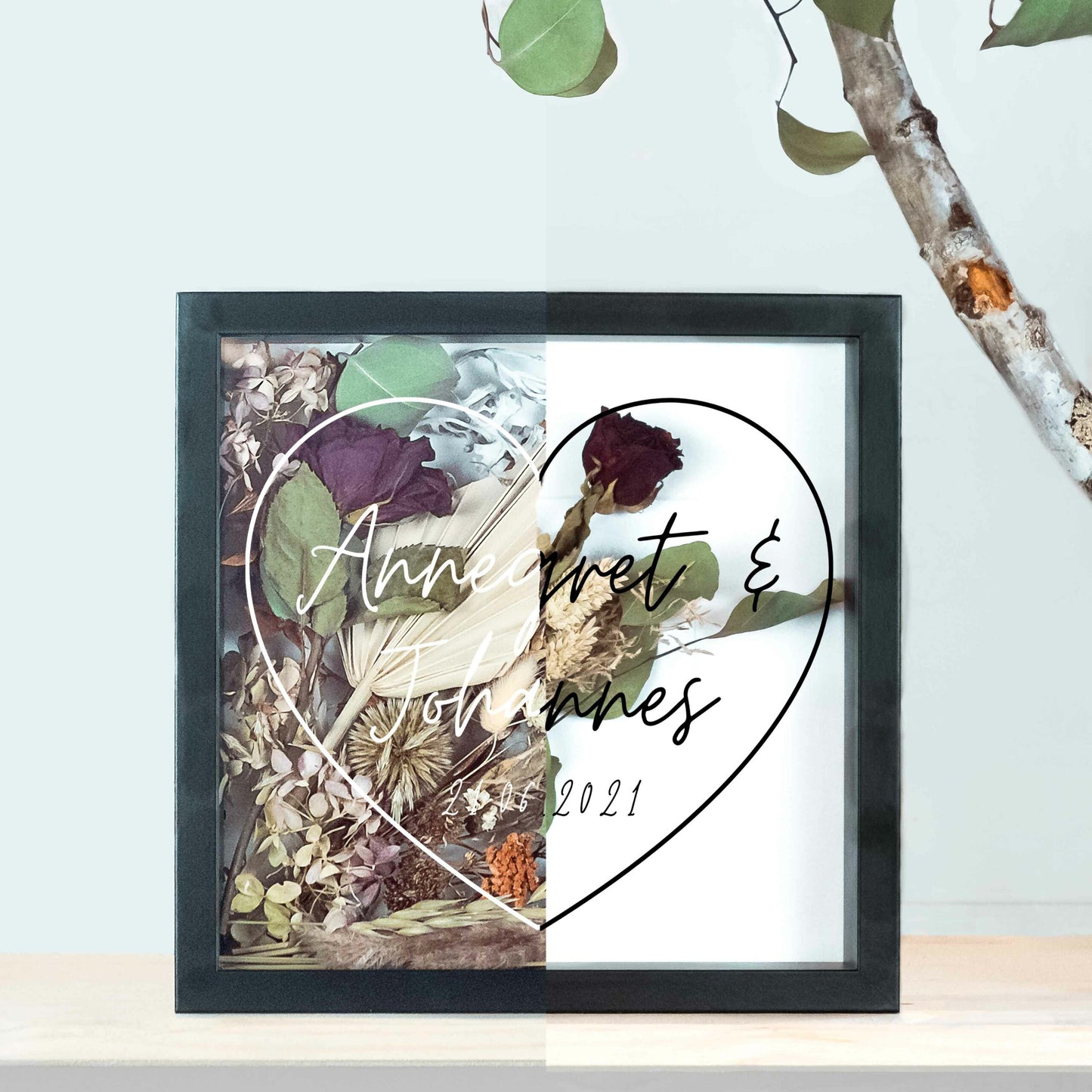 Brautstraußrahmen | Herz | Personalisiert | Hochzeit | Blumen | Dried Flower | Erinnerung | Deko | Wanddeko