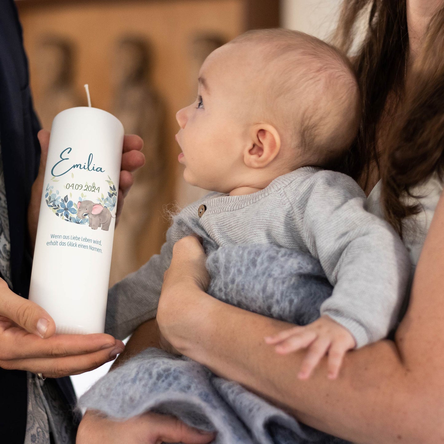 Geburtskerze Elefant | Personalisiert mit Name & Datum | 15–30 cm | Taufkerze zur Geburt