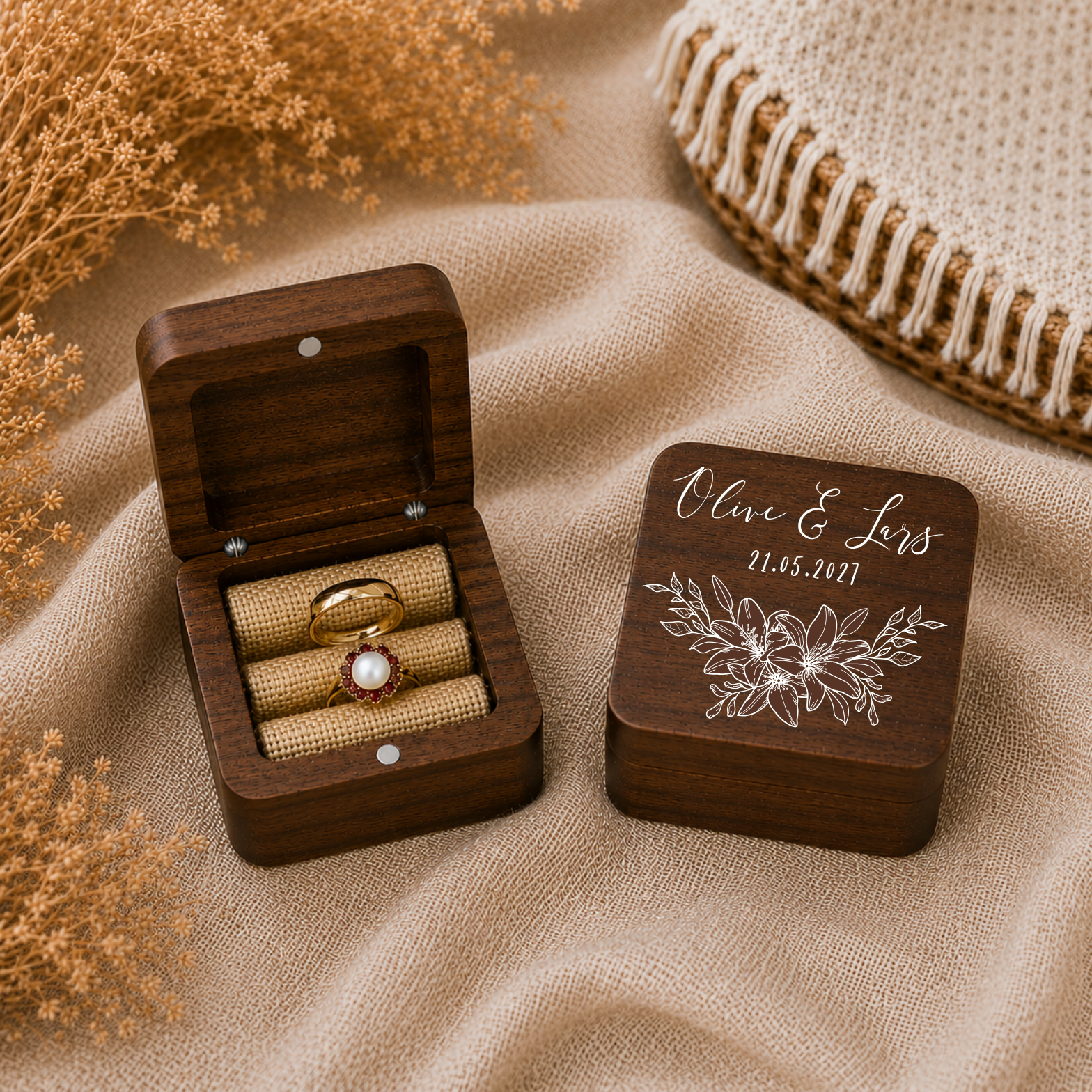Ringbox Lilie | Ringschatulle Hochzeit | Personalisierte Ringkiste | Mr & Ms l Standesamt