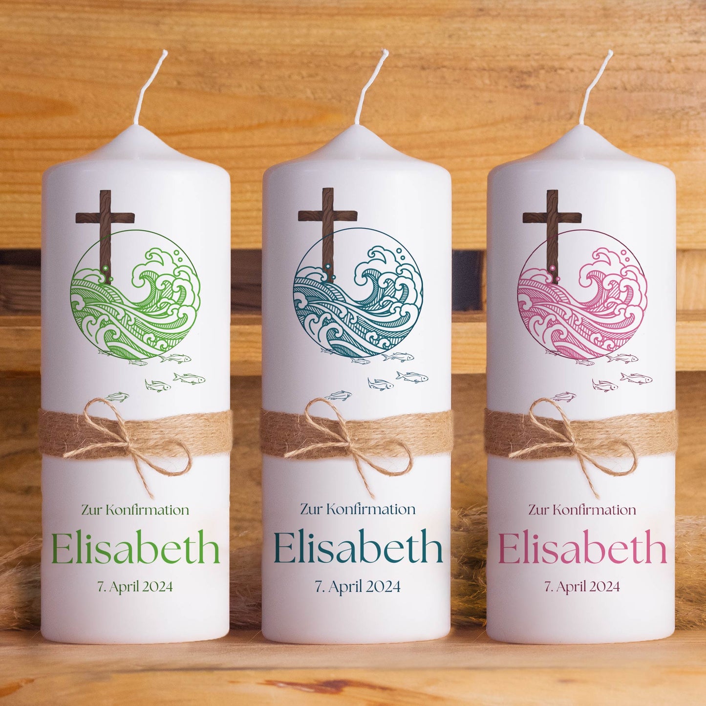 Konfirmationskerze "Welle" – Personalisierte Kerze zur Konfirmation mit Name & Datum | Christliches Geschenk | Made in Germany | 15–40 cm