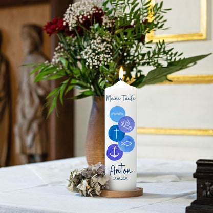 Taufkerze | 5 Symbole | 15 - 30 cm Höhe | Personalisierte Kerze | Evangelisch | Katholisch | Geschenk Taufe