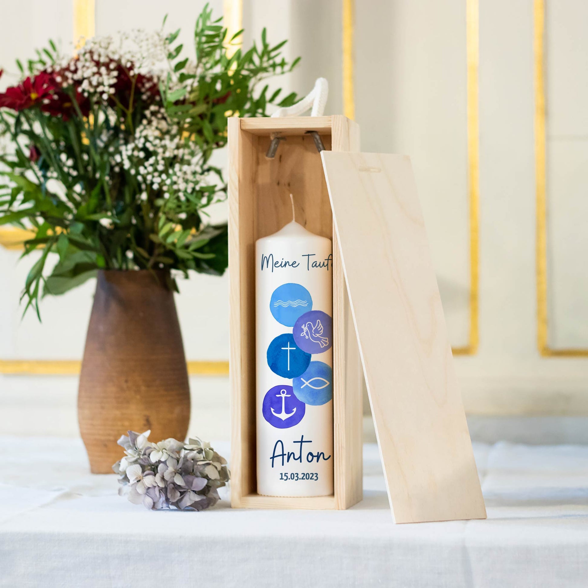 Taufkerze | 5 Symbole | 15 - 30 cm Höhe | Personalisierte Kerze | Evangelisch | Katholisch | Geschenk Taufe