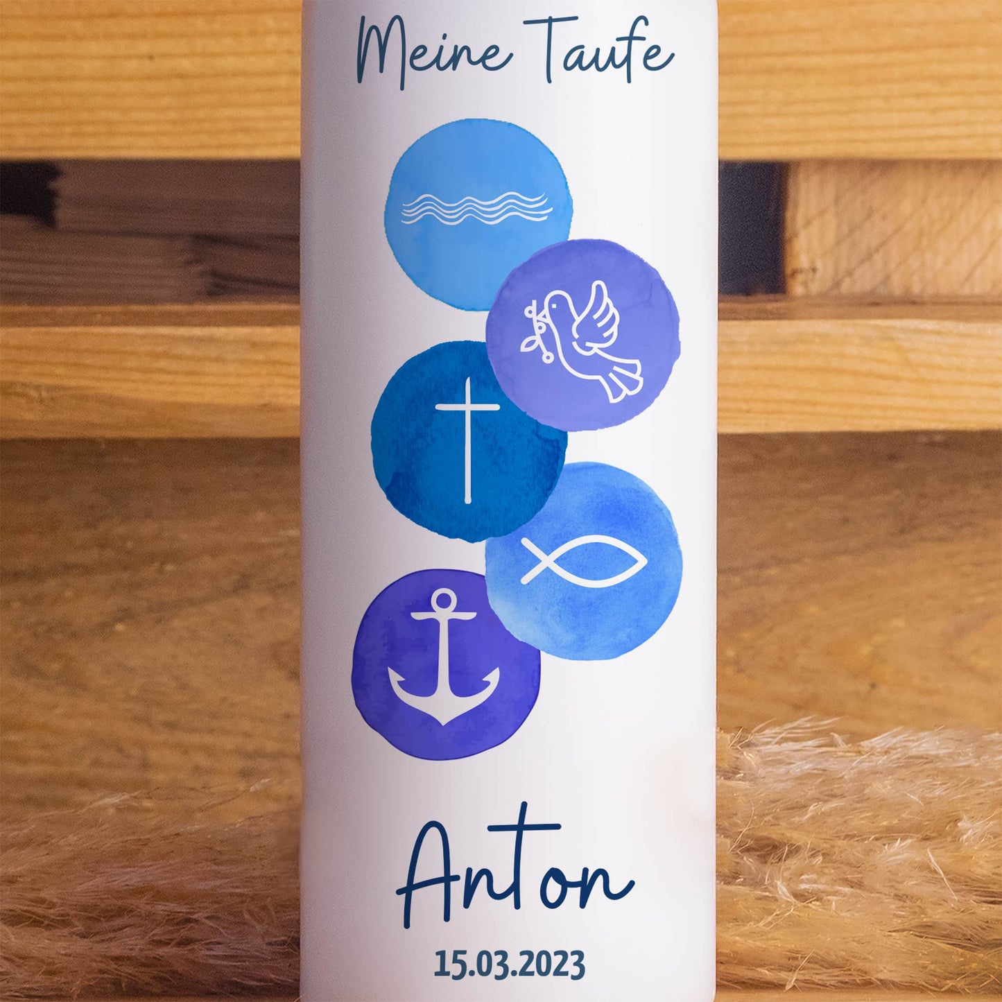 Taufkerze | 5 Symbole | 15 - 30 cm Höhe | Personalisierte Kerze | Evangelisch | Katholisch | Geschenk Taufe