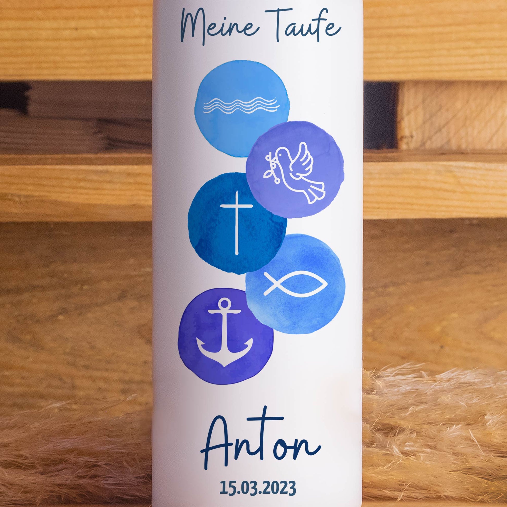 Taufkerze | 5 Symbole | 15 - 30 cm Höhe | Personalisierte Kerze | Evangelisch | Katholisch | Geschenk Taufe