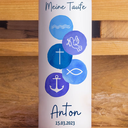 Taufkerze | 5 Symbole | 15 - 30 cm Höhe | Personalisierte Kerze | Evangelisch | Katholisch | Geschenk Taufe