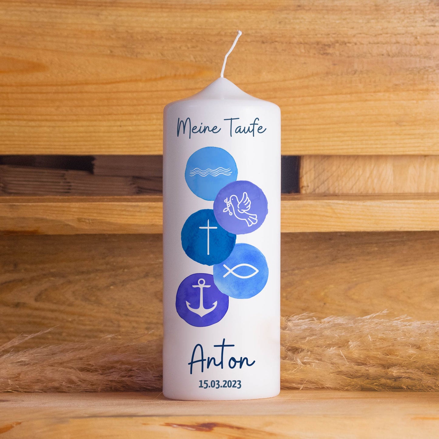 Taufkerze | 5 Symbole | 15 - 30 cm Höhe | Personalisierte Kerze | Evangelisch | Katholisch | Geschenk Taufe