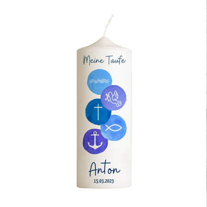 Taufkerze | 5 Symbole | 15 - 30 cm Höhe | Personalisierte Kerze | Evangelisch | Katholisch | Geschenk Taufe