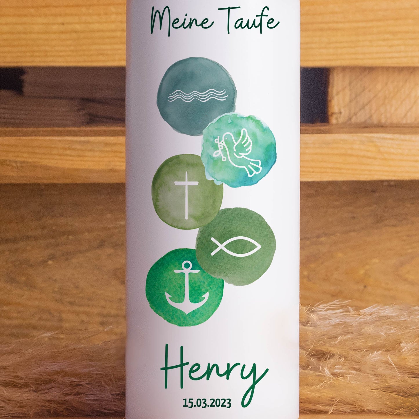 Taufkerze | 5 Symbole | 15 - 30 cm Höhe | Personalisierte Kerze | Evangelisch | Katholisch | Geschenk Taufe