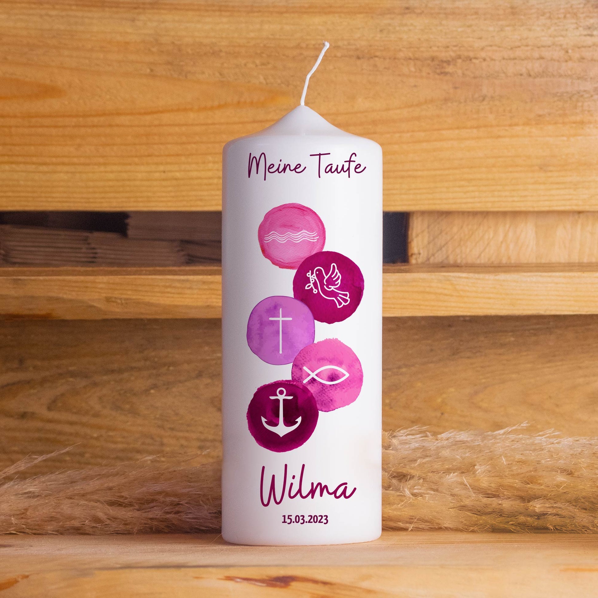 Taufkerze | 5 Symbole | 15 - 30 cm Höhe | Personalisierte Kerze | Evangelisch | Katholisch | Geschenk Taufe