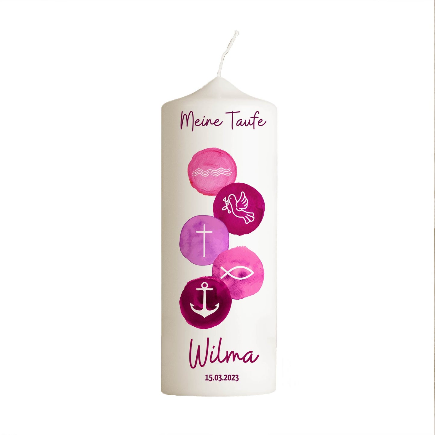 Taufkerze | 5 Symbole | 15 - 30 cm Höhe | Personalisierte Kerze | Evangelisch | Katholisch | Geschenk Taufe