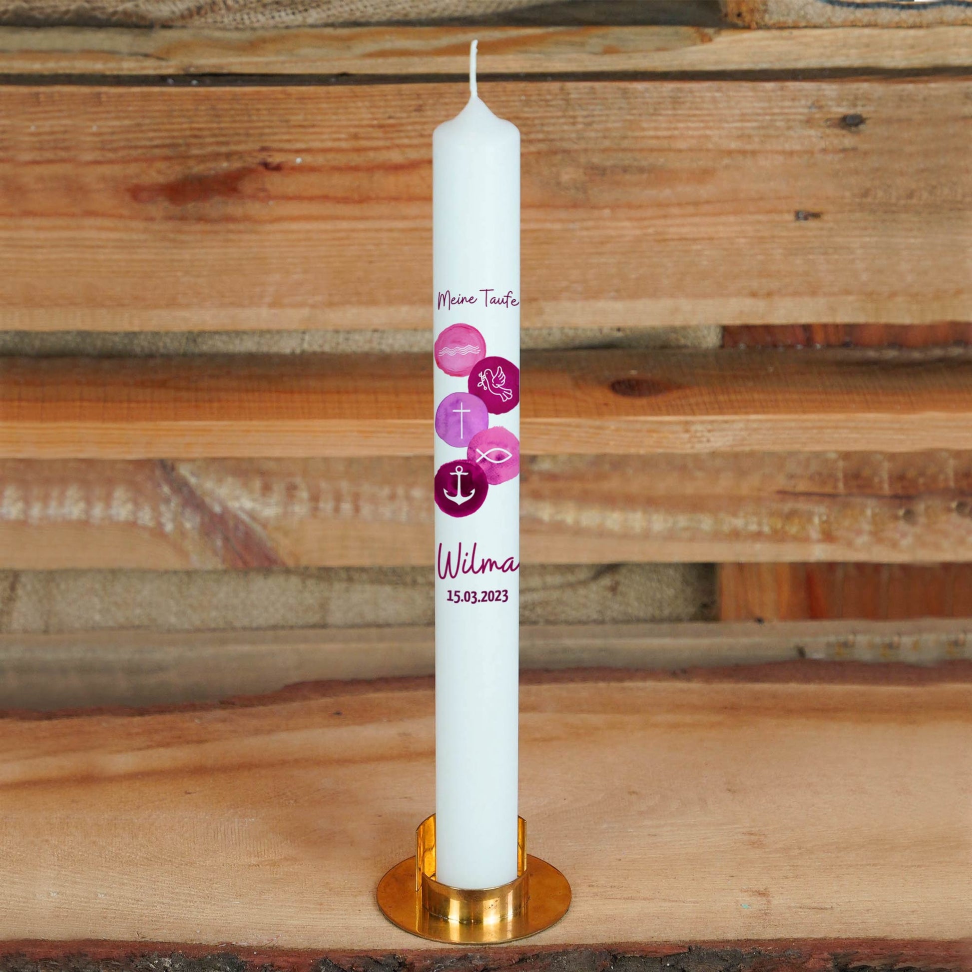 Taufkerze | 5 Symbole | 15 - 30 cm Höhe | Personalisierte Kerze | Evangelisch | Katholisch | Geschenk Taufe