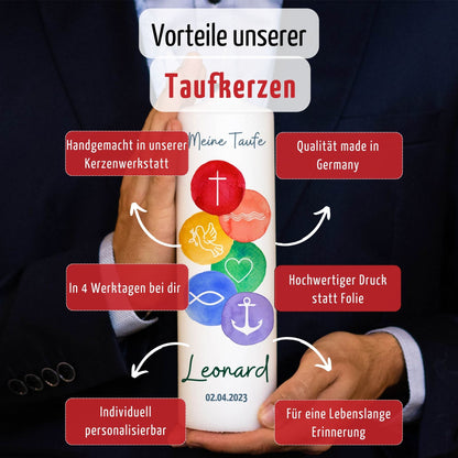 Taufkerze | 6 Symbole bunt | 15 - 30 cm Höhe | Personalisierte Kerze | Evangelisch | Katholisch | Jungen + Mädchen | Geschenk Taufe