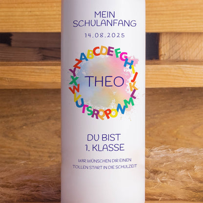 Schulanfangskerze Kreis Alphabet | Personalisierte Kerze zur Einschulung | 15–30 cm | Geschenk zur Schuleinführung