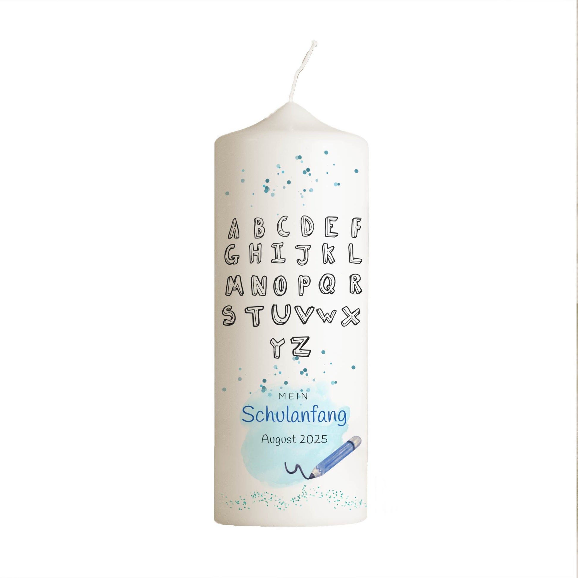 Schulanfangskerze Alphabet Schwarz-Weiß | Personalisierte Kerze zur Einschulung | 15–30 cm | Modernes ABC-Design mit Name & Datum