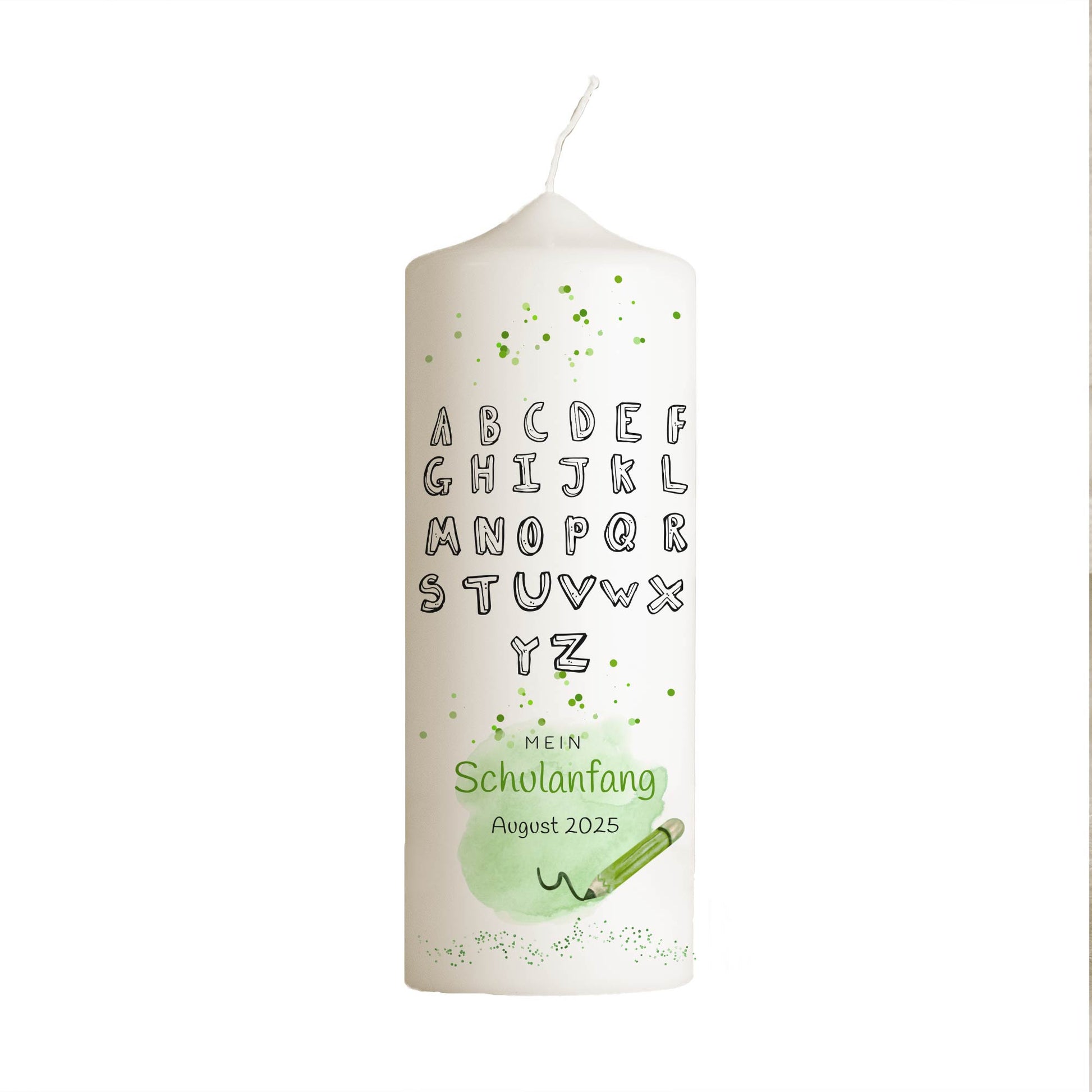 Schulanfangskerze Alphabet Schwarz-Weiß | Personalisierte Kerze zur Einschulung | 15–30 cm | Modernes ABC-Design mit Name & Datum