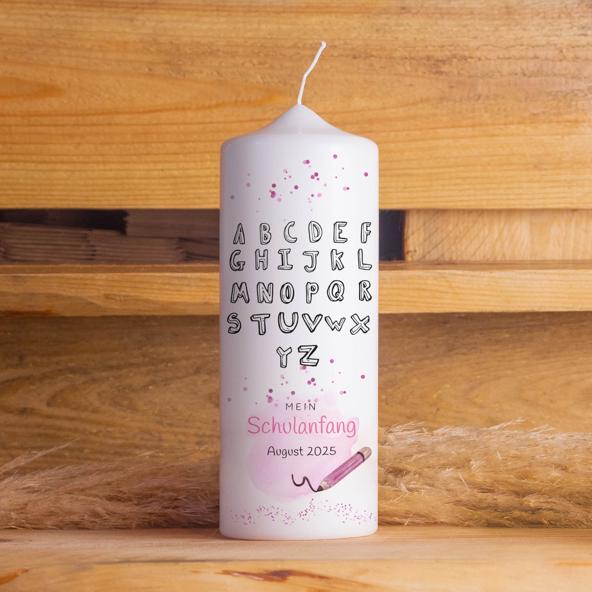 Schulanfangskerze Alphabet Schwarz-Weiß | Personalisierte Kerze zur Einschulung | 15–30 cm | Modernes ABC-Design mit Name & Datum