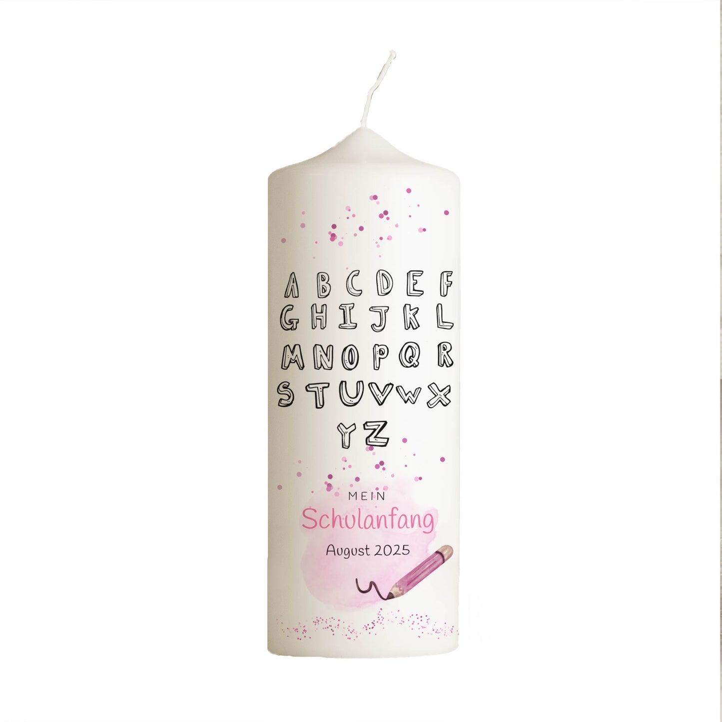 Schulanfangskerze Alphabet Schwarz-Weiß | Personalisierte Kerze zur Einschulung | 15–30 cm | Modernes ABC-Design mit Name & Datum