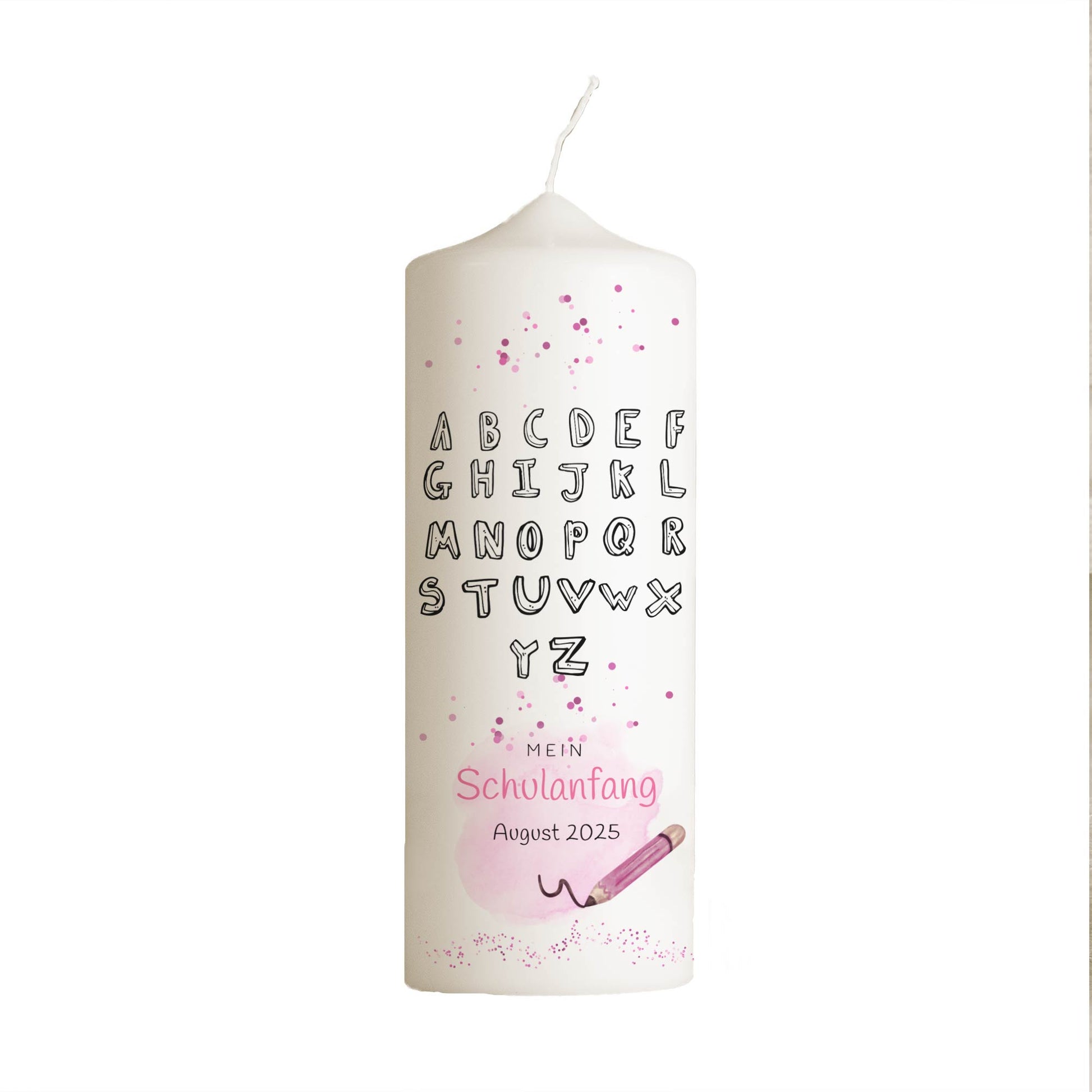 Schulanfangskerze Alphabet Schwarz-Weiß | Personalisierte Kerze zur Einschulung | 15–30 cm | Modernes ABC-Design mit Name & Datum