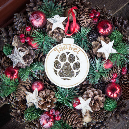 Weihnachtskugel aus Holz personalisiert mit Namen "Pfote in Weihnachtskugel" ∅ 10 cm | Weihnachtsbaum Schmuck | Weihnachtsdeko | Christbaum