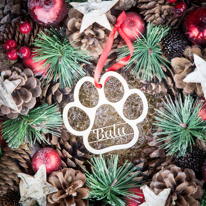 Weihnachtsbaumschmuck aus Holz personalisiert mit Namen "Pfote Haustier" 10 cm | Weihnachtsdeko | Christbaum | Hund/ Katze