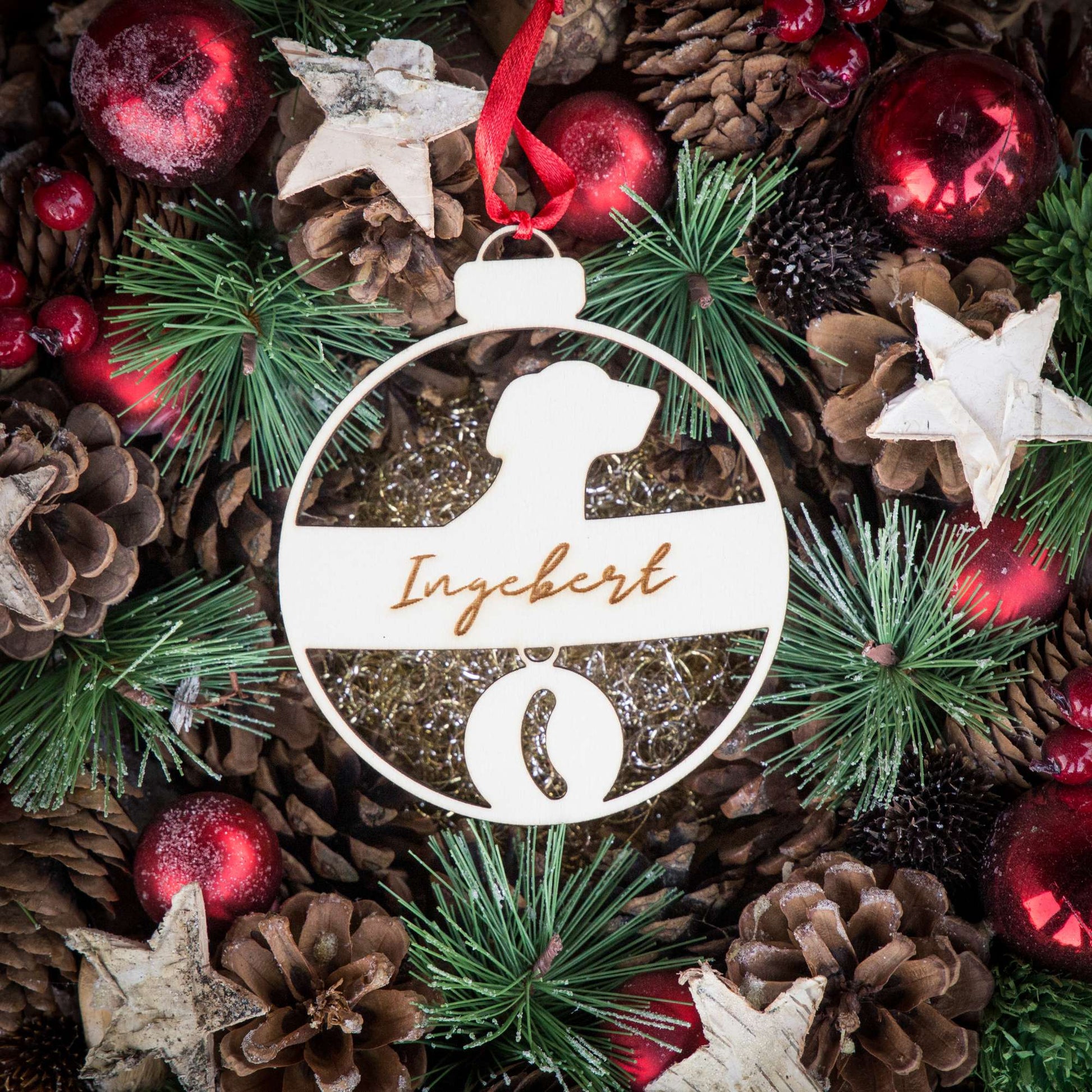 Weihnachtskugel aus Holz personalisiert mit Namen "Hund mit Halsband" ∅ 10 cm | Weihnachtsbaum Schmuck | Weihnachtsdeko | Christbaum