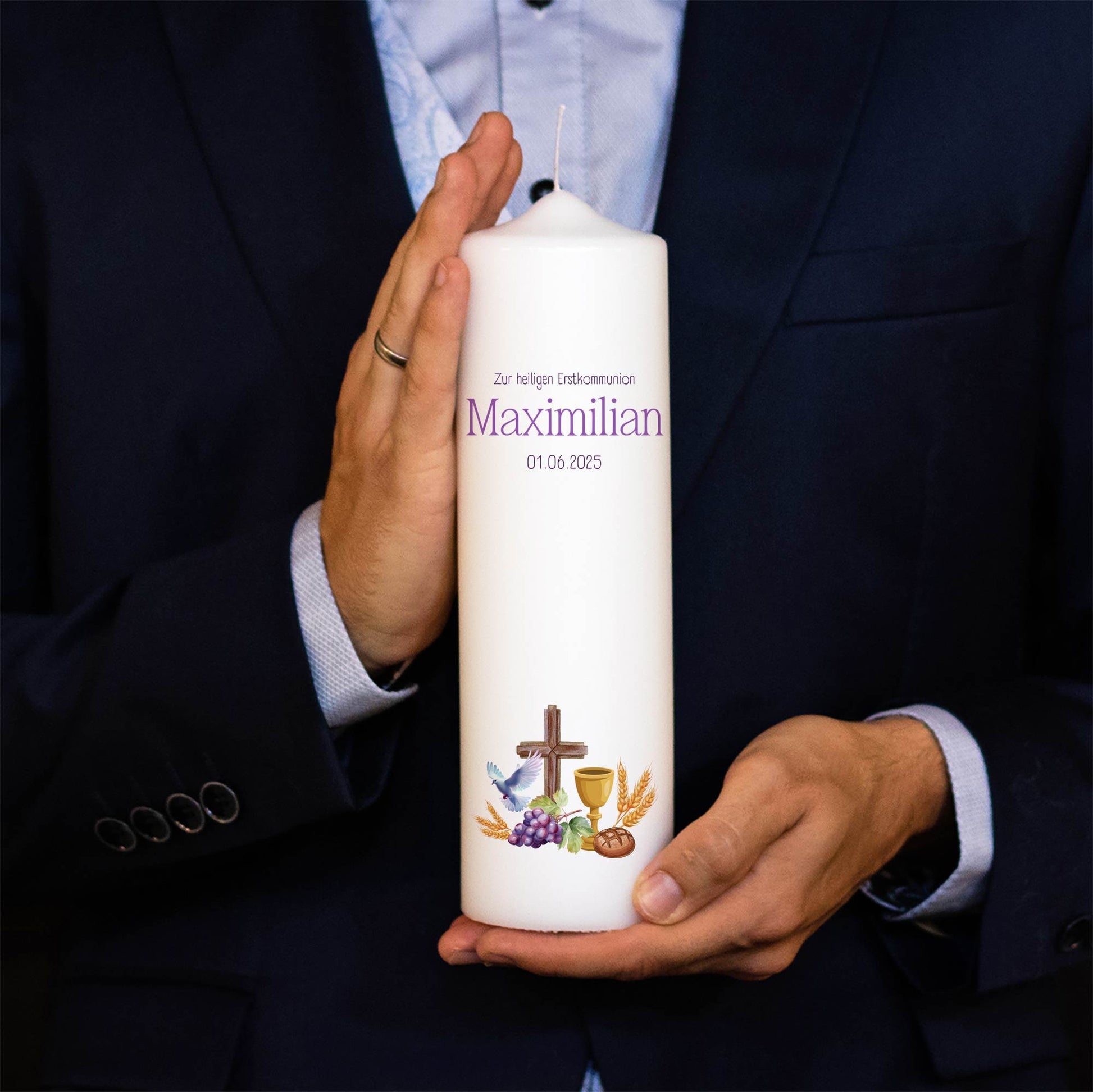 Kommunionskerze Ähren | Motto 2025: Kommt her und Esst | Verschiedene Farben | 15 - 40 cm Höhe | Personalisierte Kerze | Katholisch | Jungen und Mädchen