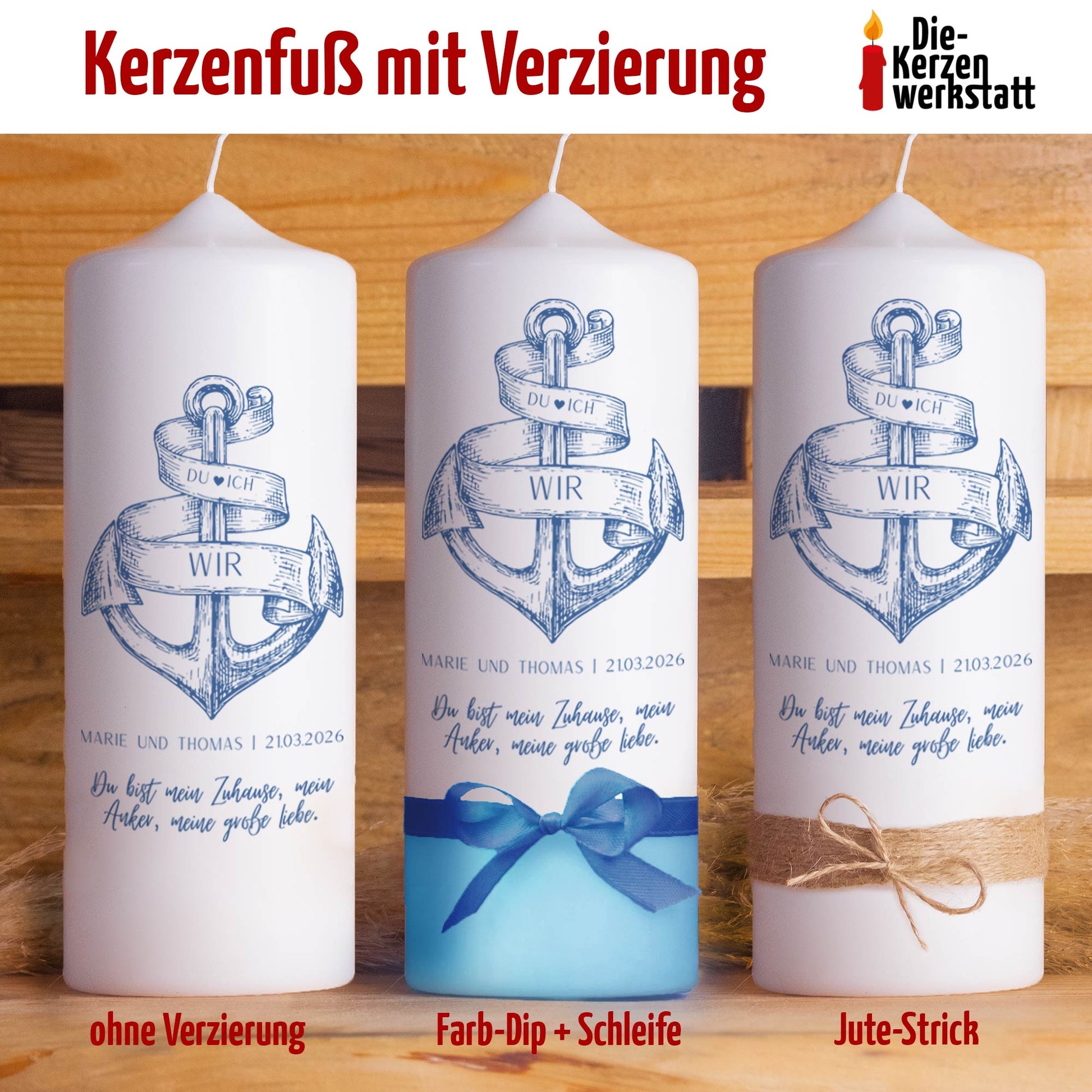 Hochzeitskerze | Anker | Personalisierte maritime Traukerze mit Wunschtext & Verzierung