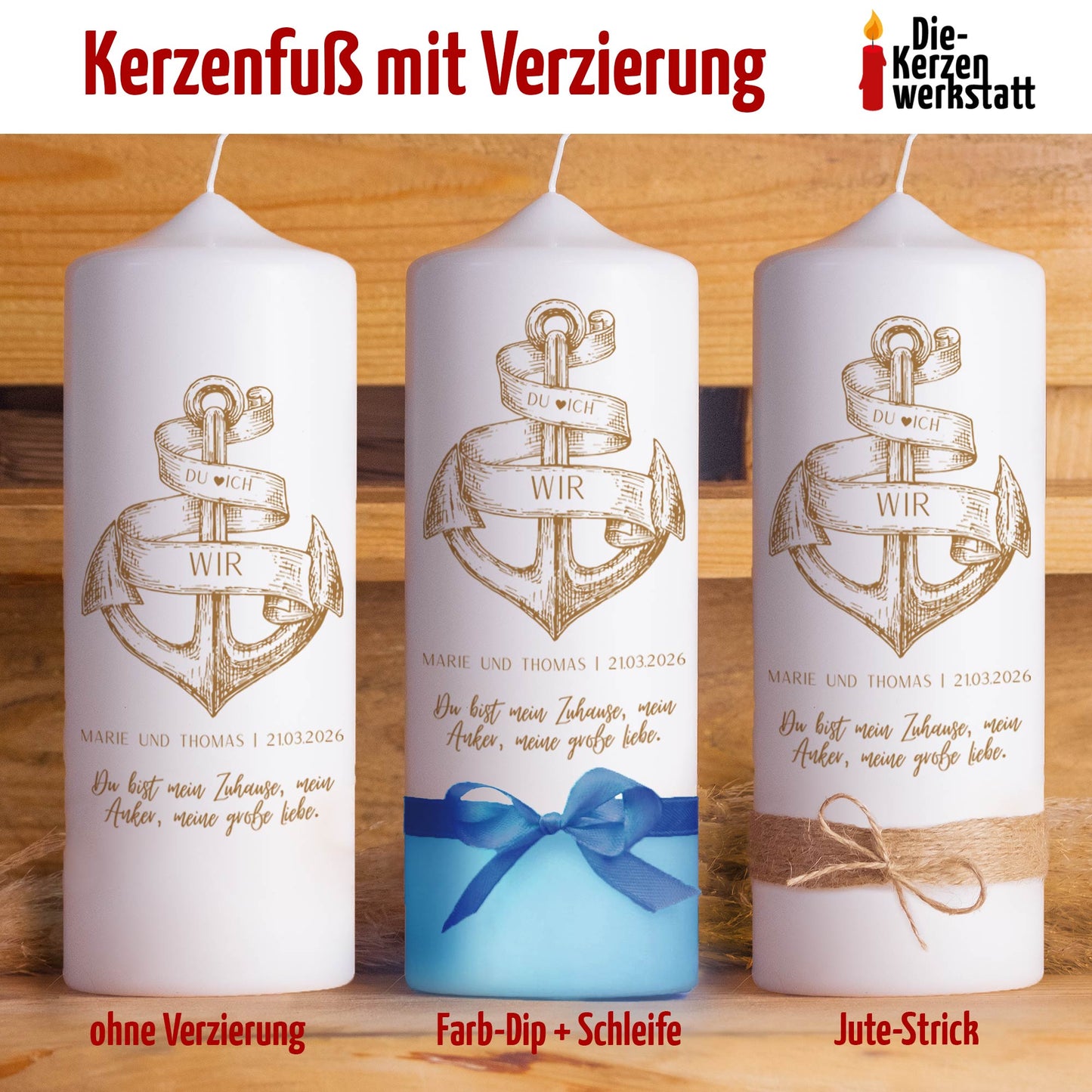 Hochzeitskerze | Anker | Personalisierte maritime Traukerze mit Wunschtext & Verzierung