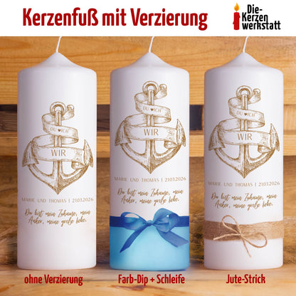 Hochzeitskerze | Anker | Personalisierte maritime Traukerze mit Wunschtext & Verzierung