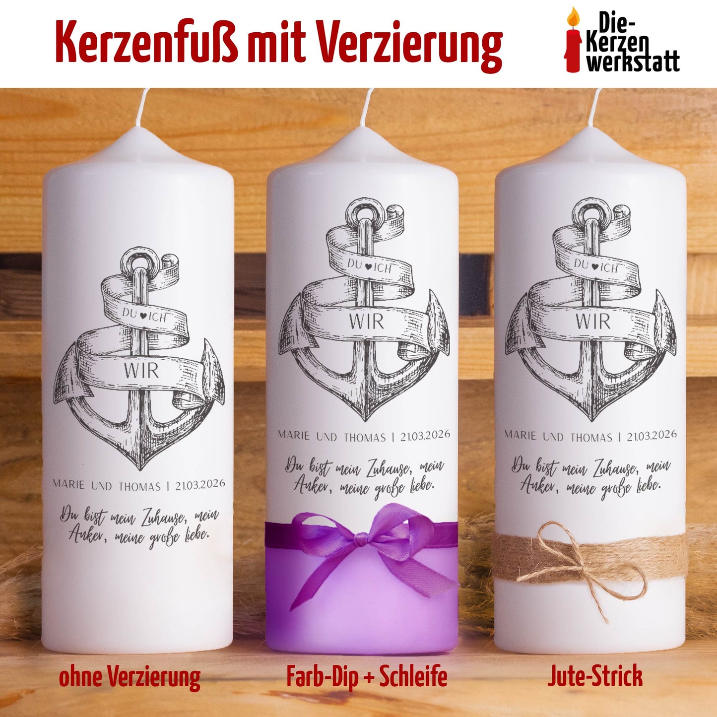 Hochzeitskerze | Anker | Personalisierte maritime Traukerze mit Wunschtext & Verzierung