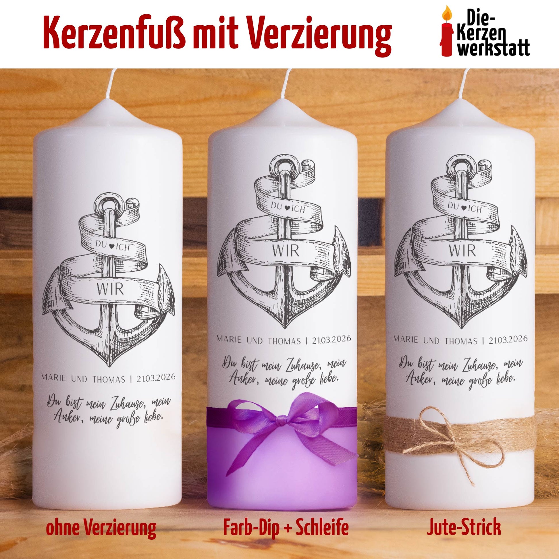 Hochzeitskerze | Anker | Personalisierte maritime Traukerze mit Wunschtext & Verzierung