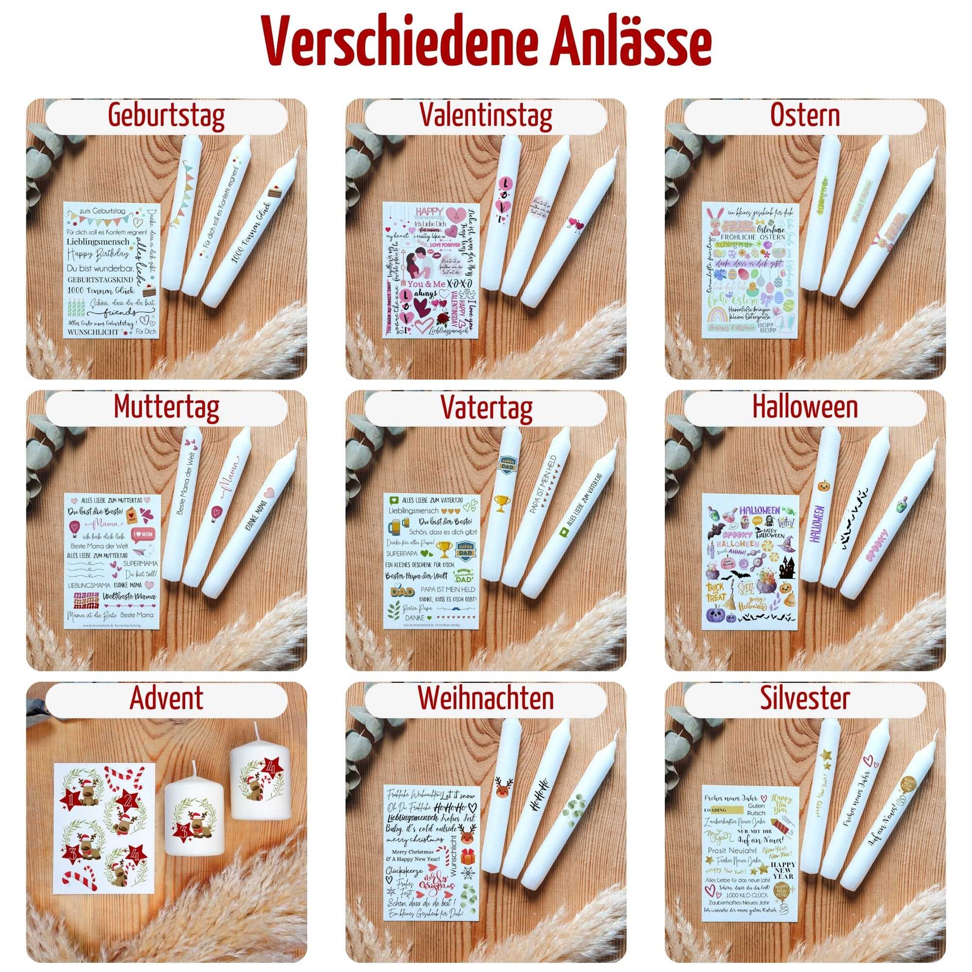 Kerzentattoo Paket für ca. 500 Kerzen | verschiedene Anlässe | Bastelset für Kerzen | Geschenk | Basteln | Kerzensticker