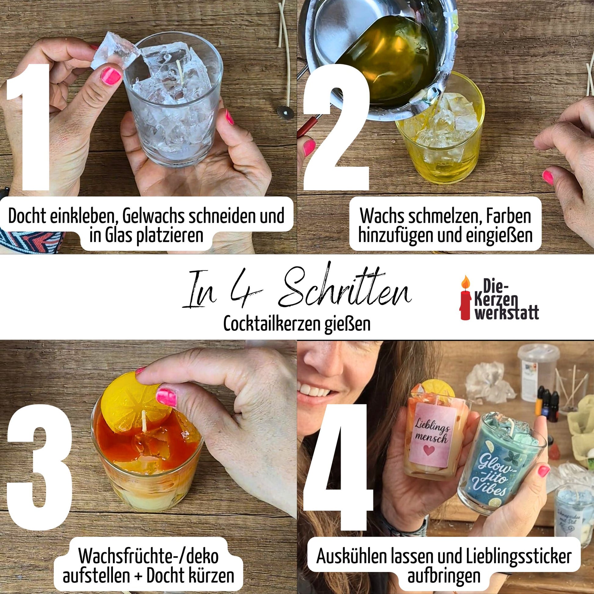 DIY Zaubertrank Cocktailkerzen Set – 4 magische Kerzen mit Farben & Glitzer