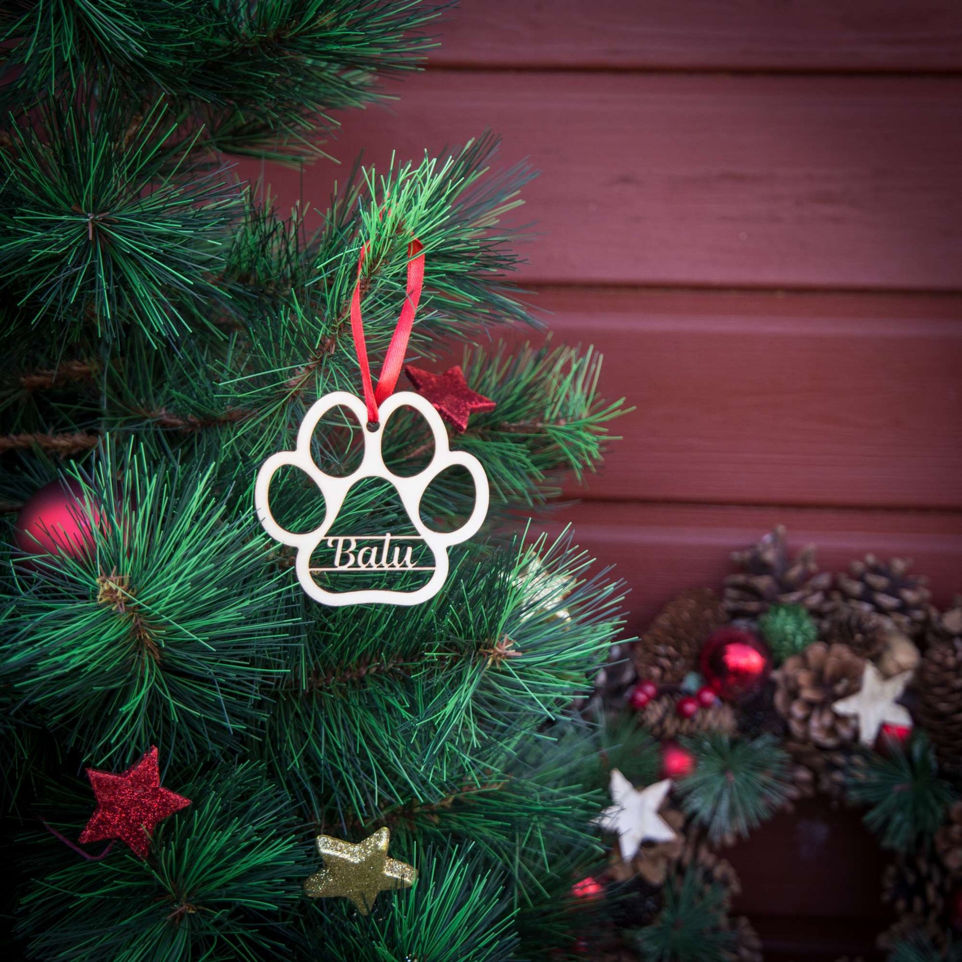Weihnachtsbaumschmuck aus Holz personalisiert mit Namen "Pfote Haustier" 10 cm | Weihnachtsdeko | Christbaum | Hund/ Katze