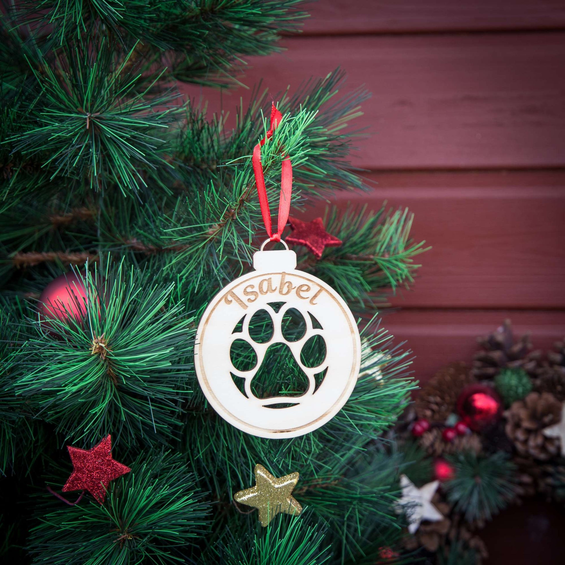 Weihnachtskugel aus Holz personalisiert mit Namen "Pfote in Weihnachtskugel" ∅ 10 cm | Weihnachtsbaum Schmuck | Weihnachtsdeko | Christbaum