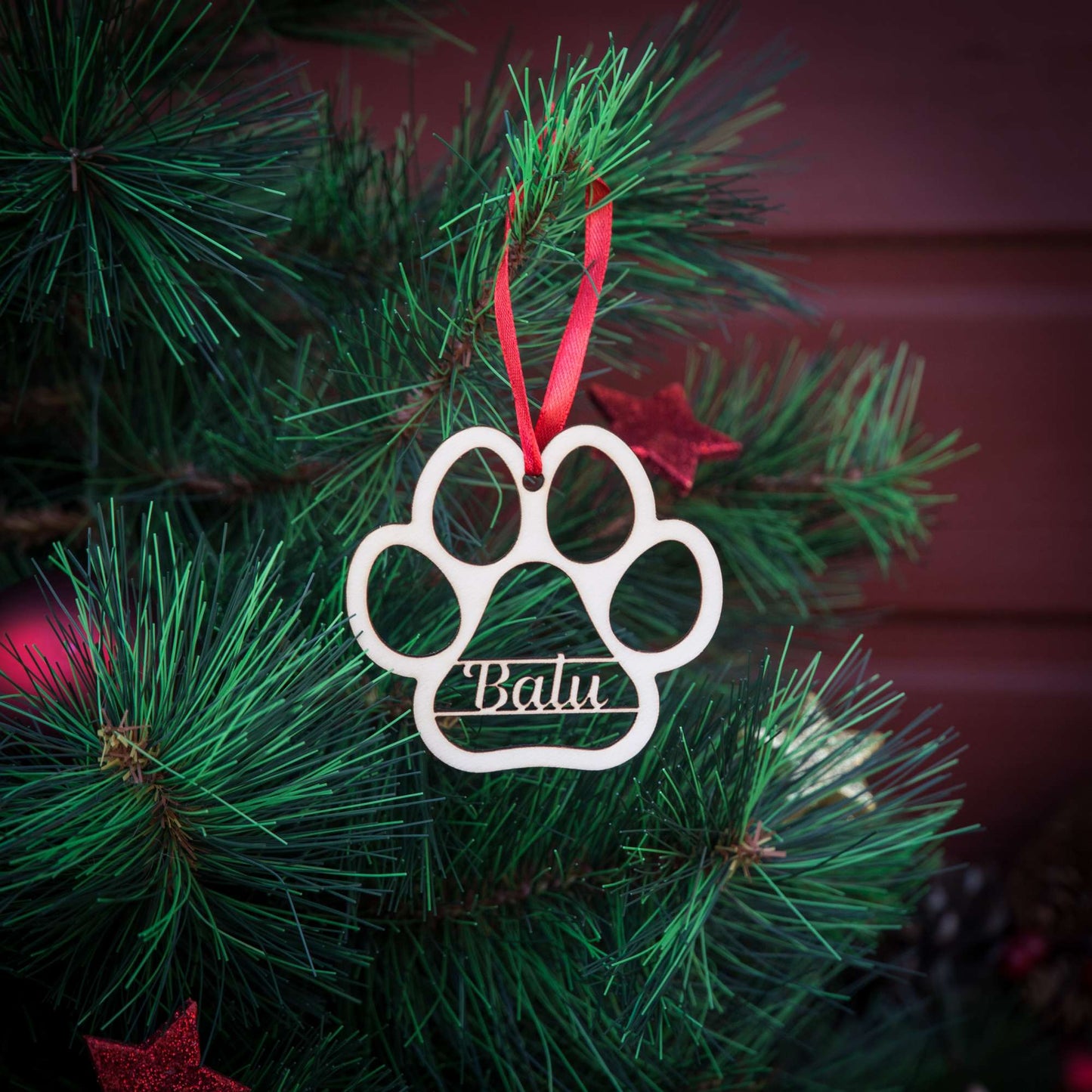 Weihnachtsbaumschmuck aus Holz personalisiert mit Namen "Pfote Haustier" 10 cm | Weihnachtsdeko | Christbaum | Hund/ Katze