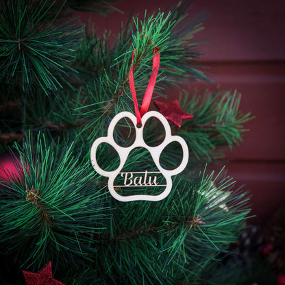 Weihnachtsbaumschmuck aus Holz personalisiert mit Namen "Pfote Haustier" 10 cm | Weihnachtsdeko | Christbaum | Hund/ Katze