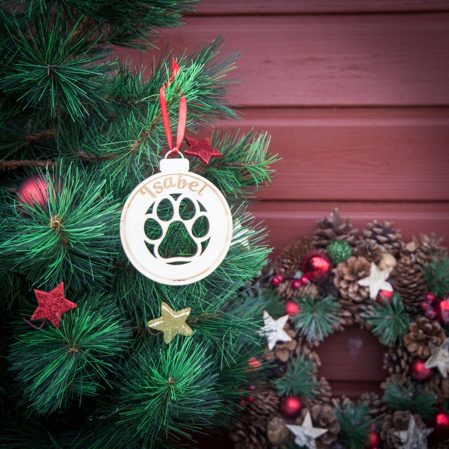 Weihnachtskugel aus Holz personalisiert mit Namen "Pfote in Weihnachtskugel" ∅ 10 cm | Weihnachtsbaum Schmuck | Weihnachtsdeko | Christbaum