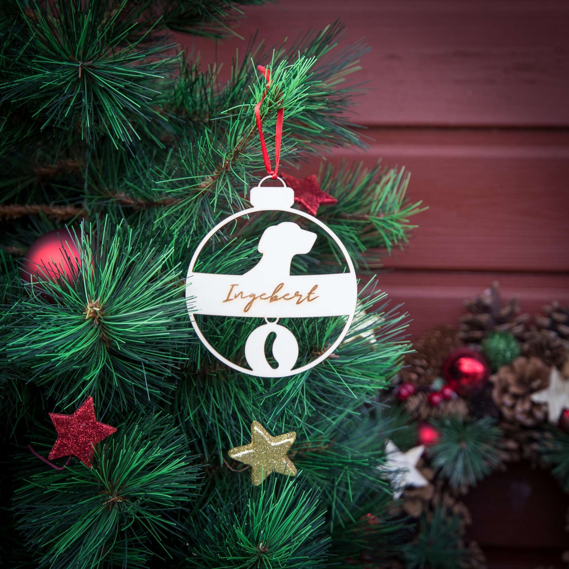 Weihnachtskugel aus Holz personalisiert mit Namen "Hund mit Halsband" ∅ 10 cm | Weihnachtsbaum Schmuck | Weihnachtsdeko | Christbaum