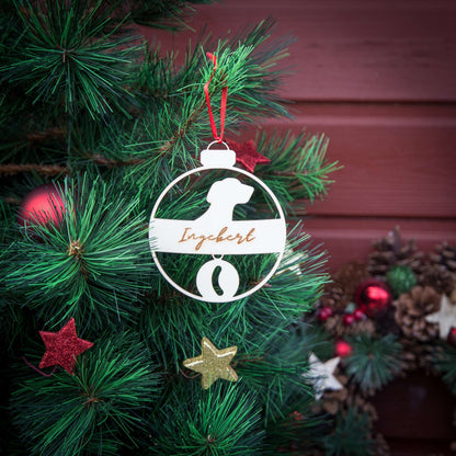 Weihnachtskugel aus Holz personalisiert mit Namen "Hund mit Halsband" ∅ 10 cm | Weihnachtsbaum Schmuck | Weihnachtsdeko | Christbaum