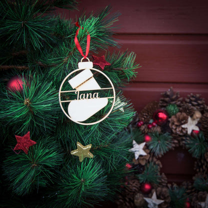 Weihnachtskugel aus Holz personalisiert mit Namen "Nikolaus Stiefel" ∅ 10 cm | Weihnachtsbaum Schmuck | Weihnachtsdeko |  Christbaum