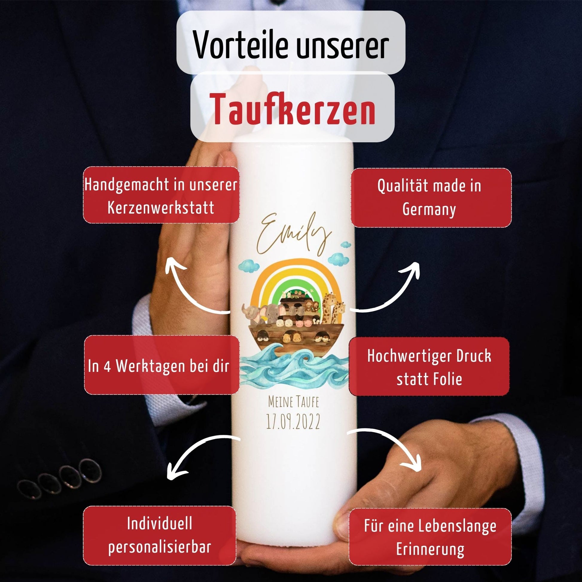 Taufkerze | Arche Regenbogen | 15-30 cm Höhe | Personalisiert