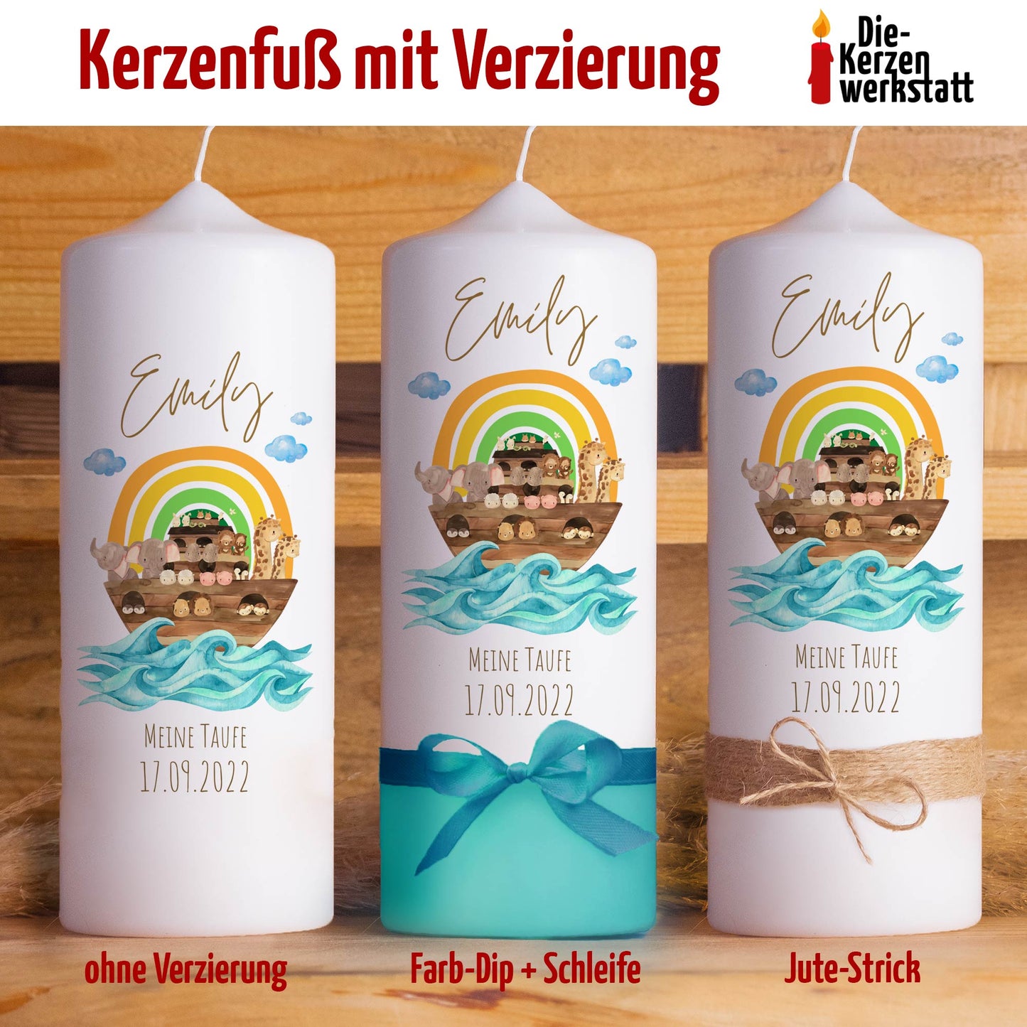 Taufkerze | Arche Regenbogen | 15-30 cm Höhe | Personalisiert
