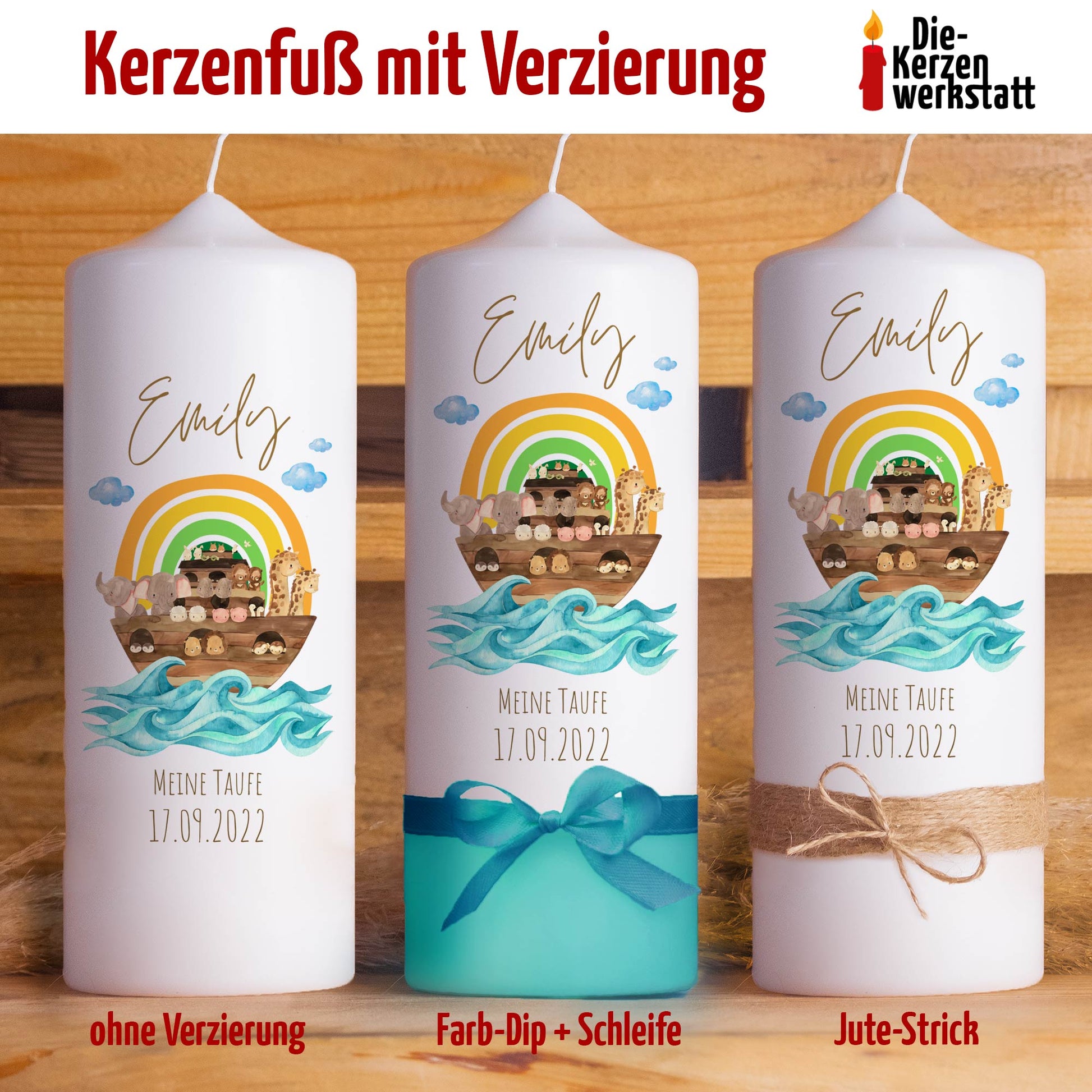 Taufkerze | Arche Regenbogen | 15-30 cm Höhe | Personalisiert