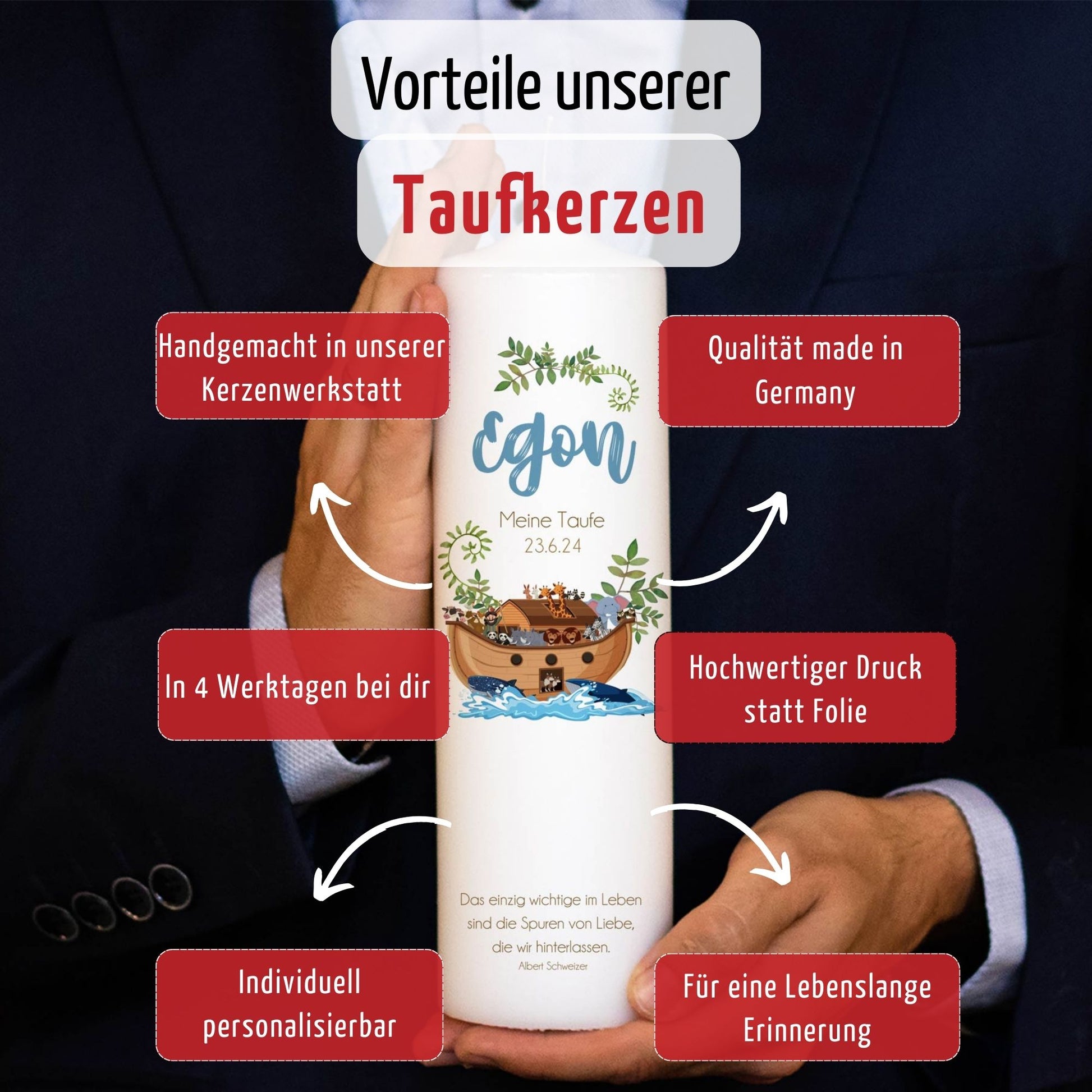 Taufkerze | Arche Zweige | 15-30 cm Höhe | Personalisiert