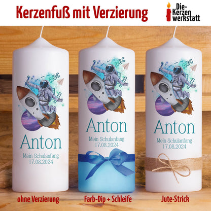 Schulanfangskerze Astronaut & Rakete | Personalisierte Einschulungskerze | 15–30 cm | Raumfahrt-Motiv mit Name & Datum