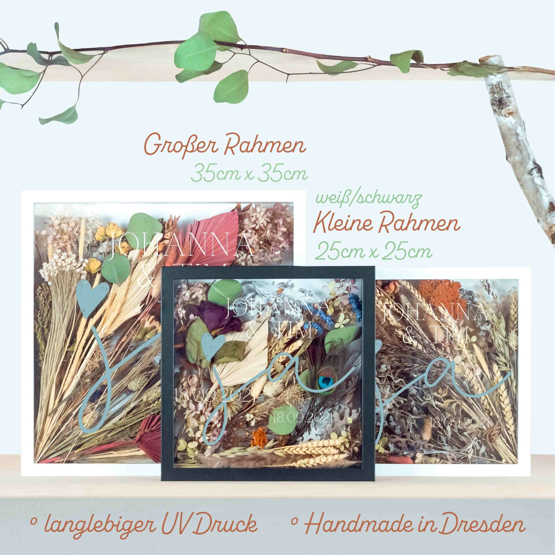 Brautstraußrahmen | Ja | Personalisiert | Hochzeit | Blumen | Dried Flower | Erinnerung | Deko | Wanddeko