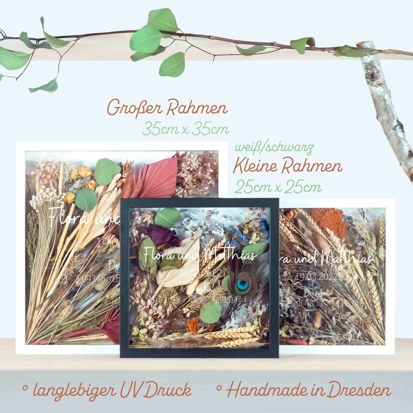 Brautstraußrahmen | Koordinaten | Personalisiert | Hochzeit | Blumen | Dried Flower | Erinnerung | Deko | Wanddeko
