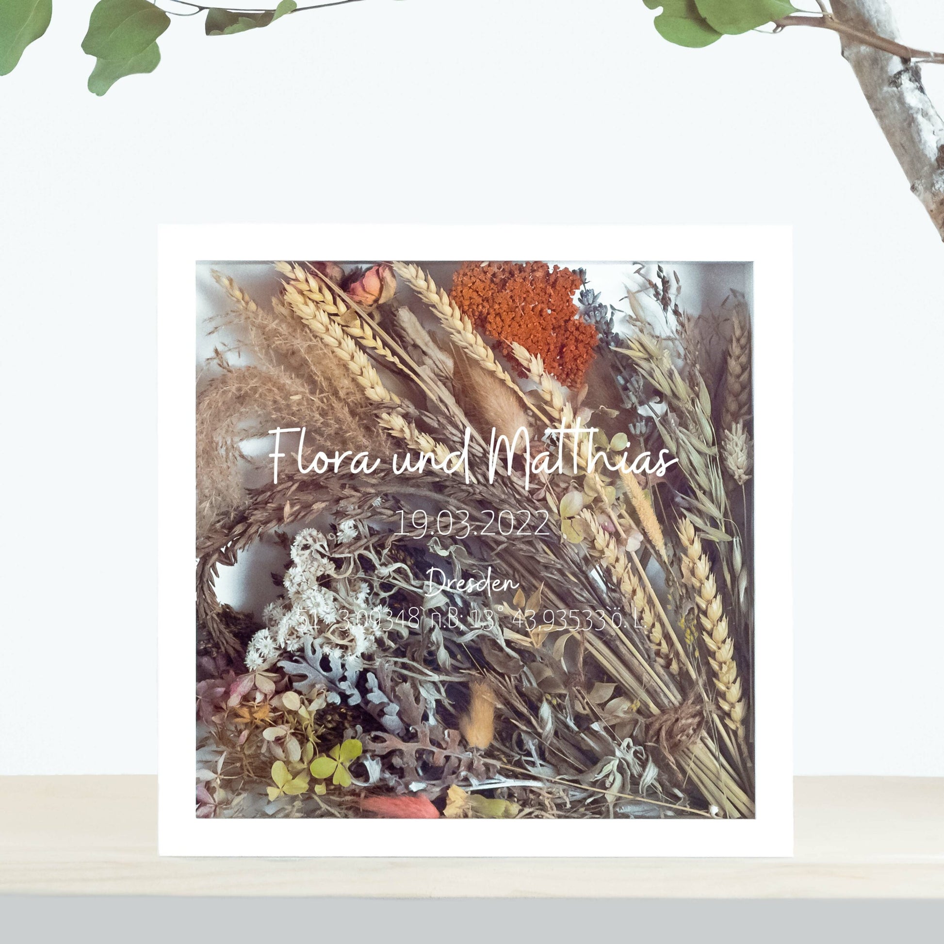 Brautstraußrahmen | Koordinaten | Personalisiert | Hochzeit | Blumen | Dried Flower | Erinnerung | Deko | Wanddeko