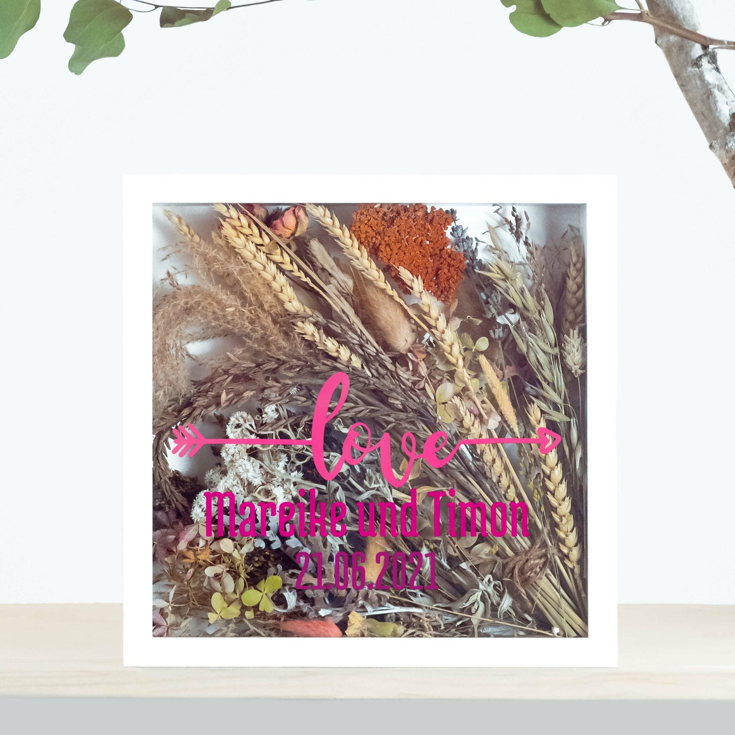 Brautstraußrahmen | Pink | Personalisiert | Hochzeit | Blumen | Dried Flower | Erinnerung | Deko | Wanddeko
